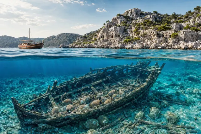 AI-generated illustration of an Early Bronze Age shipwreck site with ceramic cargo on the seabed near Kekova Island