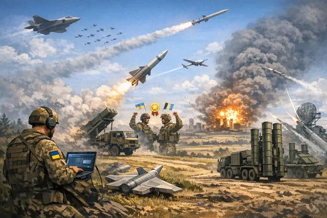 Ukrainian multi-layered drone warfare strategy visualization depicting decoy saturation, mid-range strike platforms, and deep-strike campaign