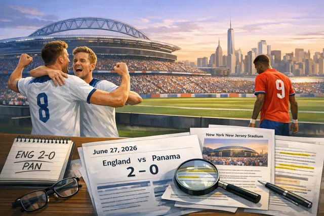 England players celebrate a goal during the 2026 World Cup Group L match against Panama at MetLife Stadium.