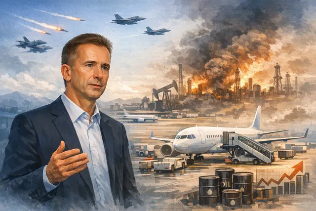 Airbus CEO Guillaume Faury speaking at an aviation industry event, with a graphic overlay of an order book document and fuel price crisis indicators