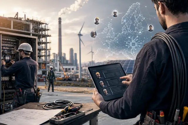Illustration representing AI-powered workforce platform connecting electricians with industrial employers