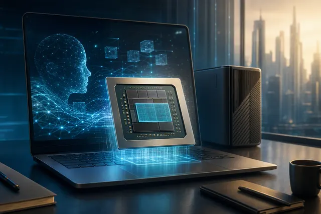 AI-generated editorial illustration for an article about AMD’s Ryzen AI Max+ PRO 495 and local AI PCs