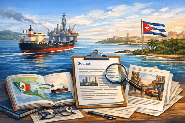 Aerial view of Havana Bay with oil refinery and cargo ships, illustrating Cuba's fuel crisis and the geopolitical struggle over oil shipments.