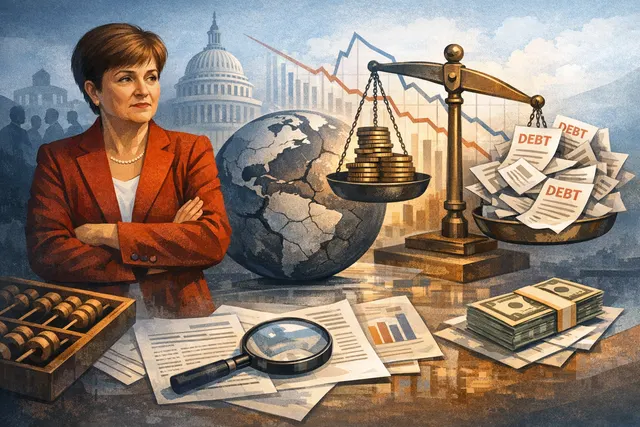 IMF Managing Director Kristalina Georgieva speaking at a podium with IMF logo, warning on global fiscal capacity and economic outlook.