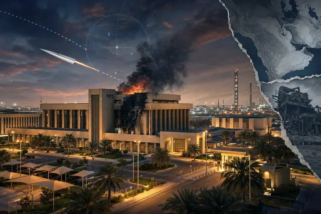 AI-generated editorial illustration for the report on the attack at Saudi Aramco’s Dhahran headquarters