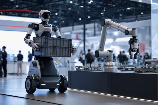 Editorial illustration of industrial robots representing JAKA’s wheeled Kargo50 and collaborative Zu50 arm