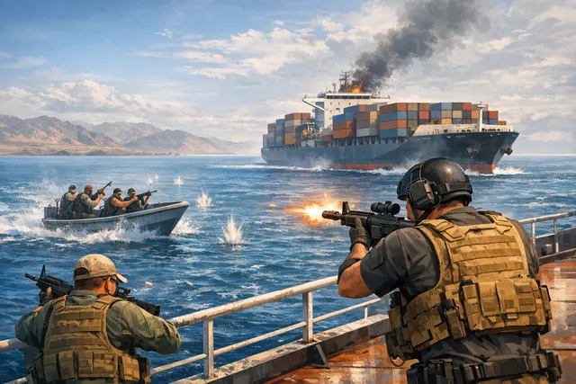 An armed security team on a cargo ship repelling attackers in the Gulf of Aden as a small craft approaches.