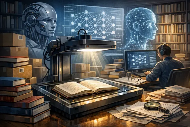 Abstract visual of a book being sliced apart with digital data streaming out, representing destructive scanning of physical books for AI training.