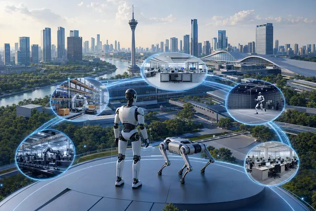 Editorial illustration of Unitree’s embodied-AI expansion in Chengdu