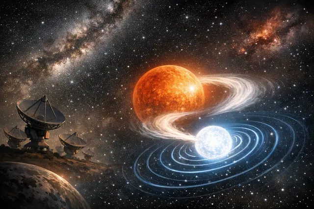 Artistic visualization of the ASKAP J1745−5051 binary system showing a white dwarf accreting material from a red dwarf