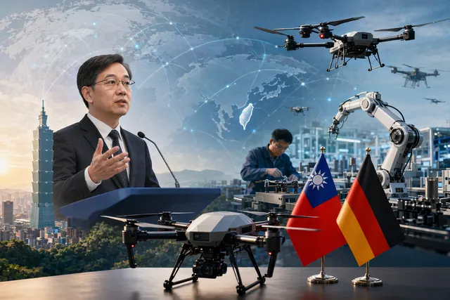 Illustration of Taiwan drone diplomacy concept showing UAV technology and global supply chains