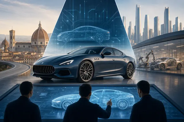 Editorial illustration representing reported Stellantis, Huawei and JAC discussions around Maserati