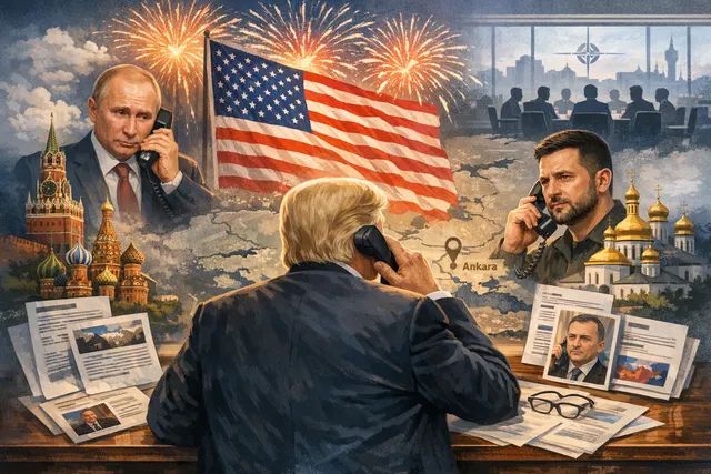 AI-generated editorial hero image depicting a phone receiver and flags representing the U.S., Russia, and Ukraine, with NATO summit imagery, capturing the July 4 diplomatic calls.
