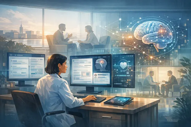 Abstract editorial illustration of an AI platform organizing connected psychiatric care information