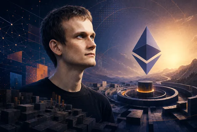 Editorial illustration representing Vitalik Buterin and Ethereum’s shift toward CROPS principles and long-term decentralization
