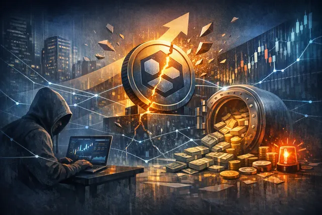 Editorial illustration of a blockchain lending exploit, with an inflated token price used as collateral and a halted Cronos network