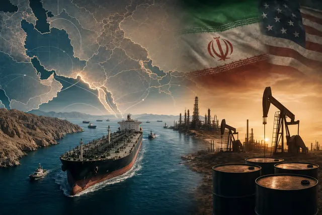 Editorial illustration of the Strait of Hormuz oil-market disruption