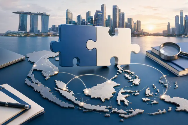 Editorial illustration accompanying a report on Southeast Asian technology mergers and acquisitions