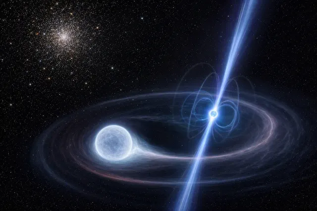 Illustration of the NGC 362D binary system, with a millisecond pulsar and a young helium white dwarf companion.