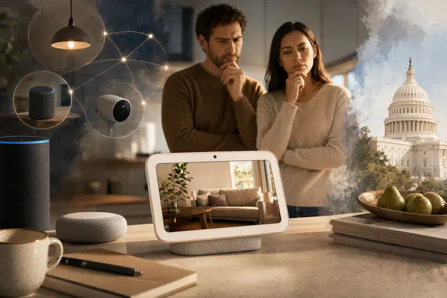 Editorial illustration accompanying an article about Apple’s HomeView smart-home display.