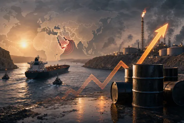 Editorial illustration of oil-market disruption following Gulf attacks and a Saudi pipeline shutdown