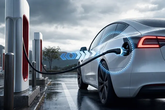 AI-generated illustration representing Tesla’s Emergency Drive Away feature at a Supercharger.