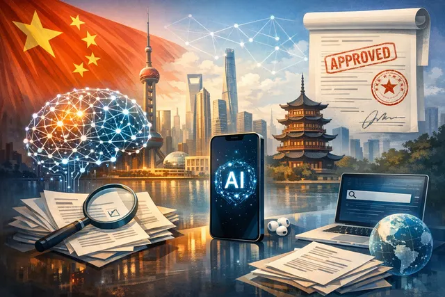 An illustration of an iPhone with Apple Intelligence interface overlaid on a map of China, symbolizing the regulatory approval of the AI service in the country