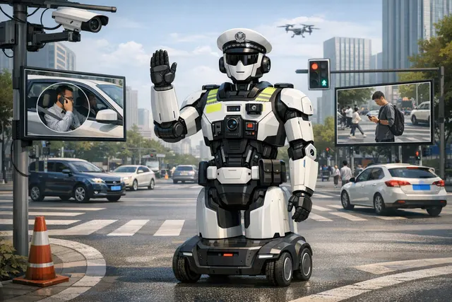 Illustration of a humanoid-style traffic robot monitoring an urban intersection