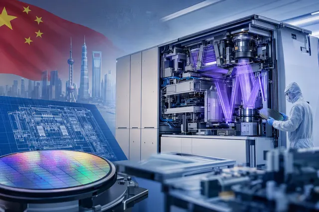 Illustration of an advanced semiconductor lithography system and silicon wafer