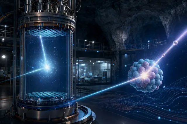 Editorial illustration of the LUX-ZEPLIN underground liquid-xenon dark matter experiment and a high-energy particle interaction