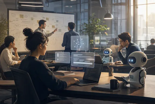 Illustration representing an employee overseeing AI agents at work