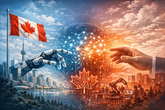 Abstract digital visualization of Canada's AI ecosystem featuring a glowing maple leaf, data streams, and connected network nodes on a dark background.
