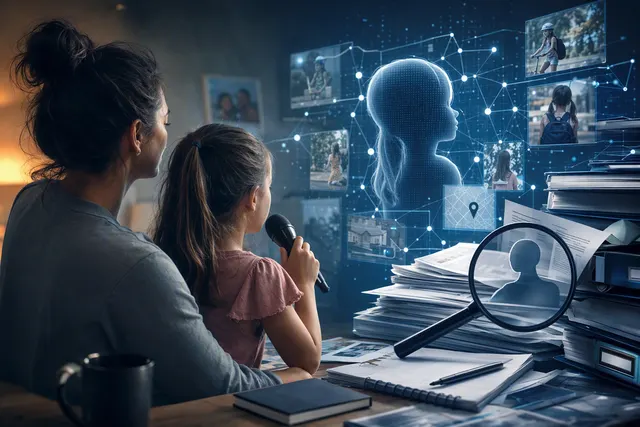 Illustration representing AI, family social-media posts and children’s online privacy