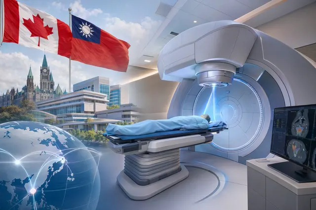Illustration representing international medical collaboration and proton therapy cancer treatment between Taiwan and Canada