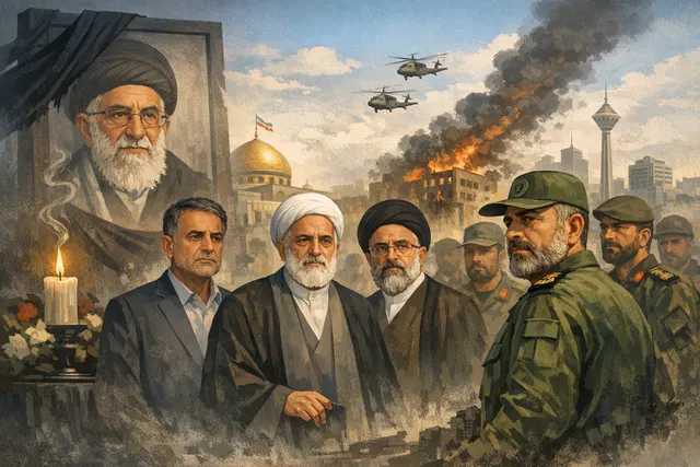 Silhouette of a figure standing before an Iranian flag, symbolizing the unseen leadership and political opacity after Ayatollah Ali Khamenei's death.