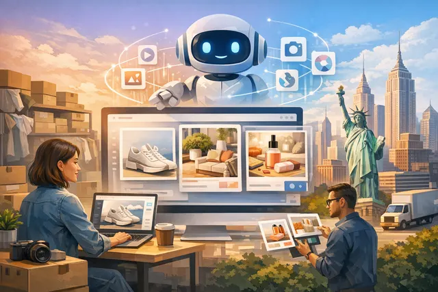 AI-generated editorial hero image showing abstract e-commerce creative tools powered by artificial intelligence.