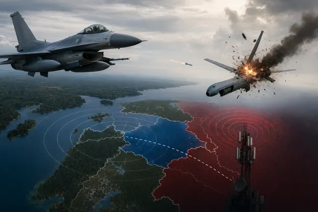 Illustration of a NATO fighter jet intercepting a drone over Baltic airspace near Estonia