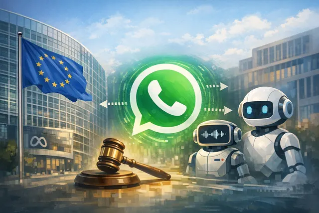 Illustration of the EU flag over a WhatsApp interface with AI chatbot icons, representing regulatory action on AI competition.