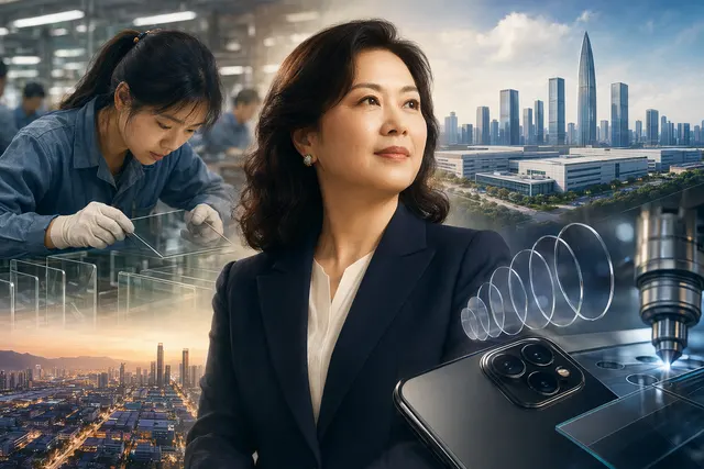 Illustration of Zhou Qunfei rising from factory work to lead Lens Technology within the global tech supply chain