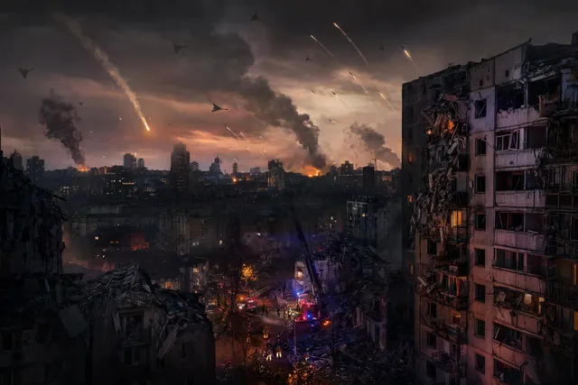 Illustration of a large missile and drone barrage over Kyiv representing Russia’s massive overnight attack
