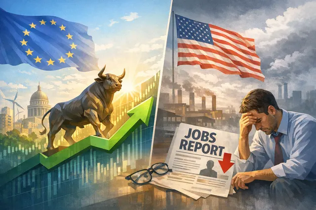 AI-generated illustration of European stock market charts and a European city skyline at sunset, representing the record high rally
