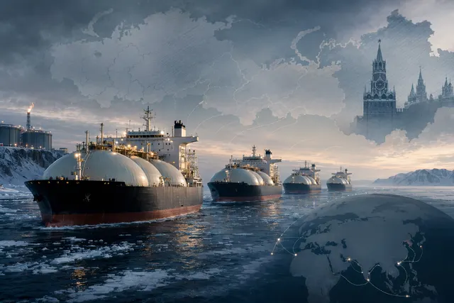Illustration of LNG tankers operating in Arctic waters representing Russia’s shadow fleet used for sanctioned gas exports