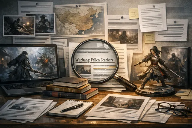 Wuchang: Fallen Feathers key art showing the protagonist with a feathered hat and sword against a dark, mythological Chinese backdrop