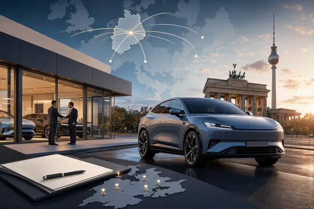Editorial illustration of Xiaomi’s planned European electric-vehicle launch