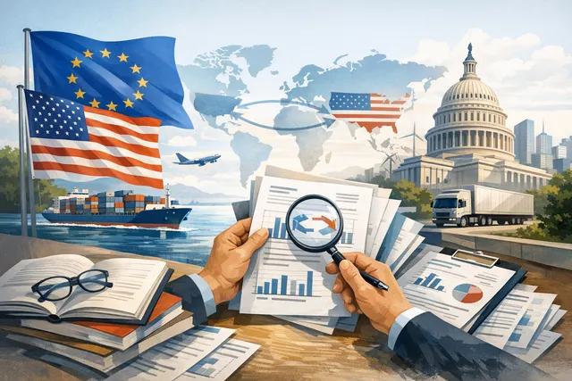 Data visualization showing EU-US trade flows, tariff timelines, and automotive export decline in 2025