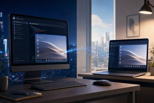Editorial illustration of two computers connected for cross-device task management