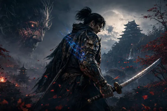 Editorial illustration of a samurai facing supernatural danger in an Edo-period setting