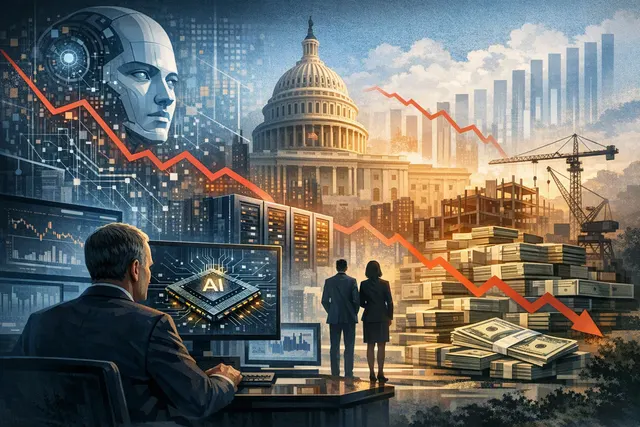 Editorial illustration of Nvidia earnings pressure spreading across AI chips, memory suppliers and global stock markets