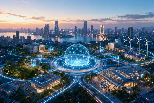 Illustration of AI agents coordinating services in a connected smart city