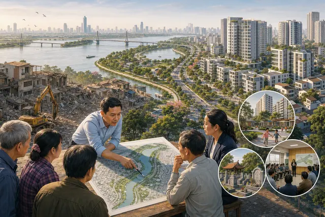 Illustration of Hanoi’s Red River corridor redevelopment and resettlement planning